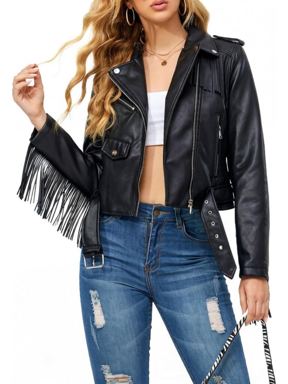 Chic Women's Faux Leather Moto Jacket with Belt & Tassel Trim - Stylish